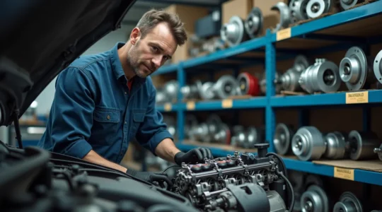 Un meccanico specializzato che lavora su un'automobile, circondato da ricambi auto usati di qualità in un'officina moderna e professionale