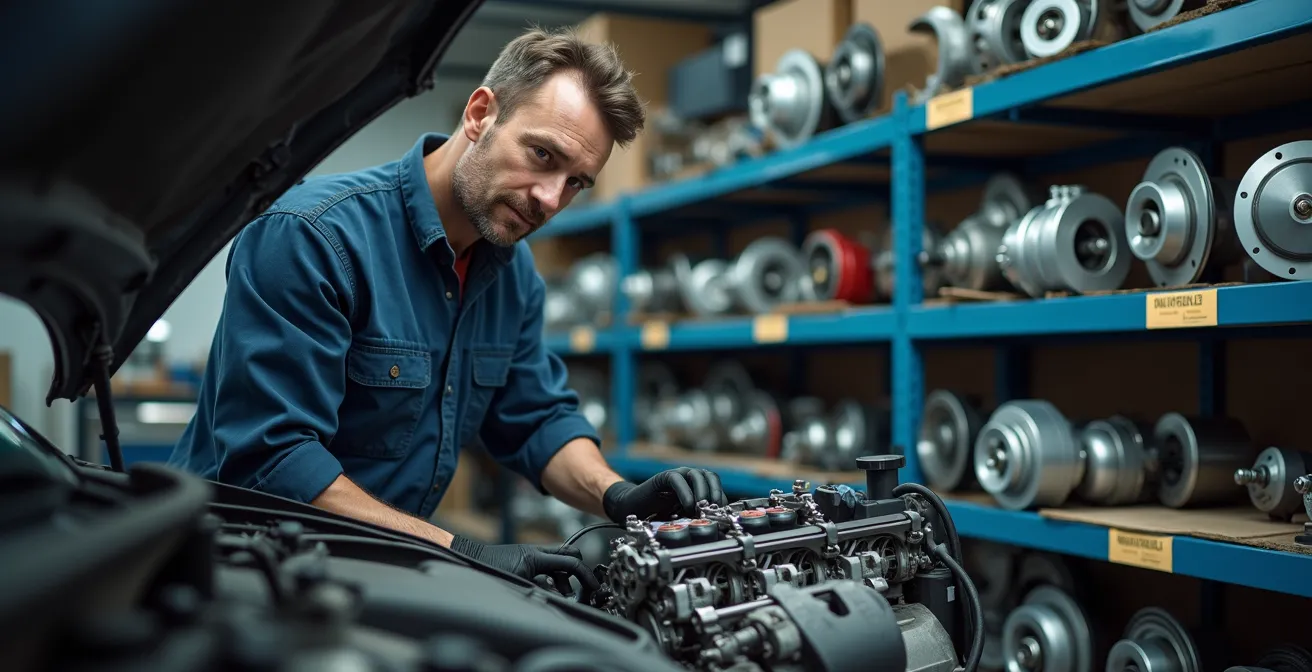 Un meccanico specializzato che lavora su un'automobile, circondato da ricambi auto usati di qualità in un'officina moderna e professionale