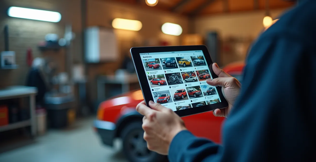 Una persona che utilizza un tablet per cercare ricambi auto su marketplace online, con ricambi auto sullo sfondo