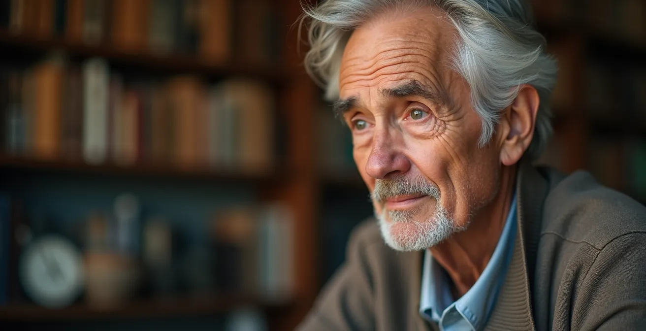 Axe Humain & Émotionnel : Primo piano di una persona anziana concentrata con riflessi neurali luminosi