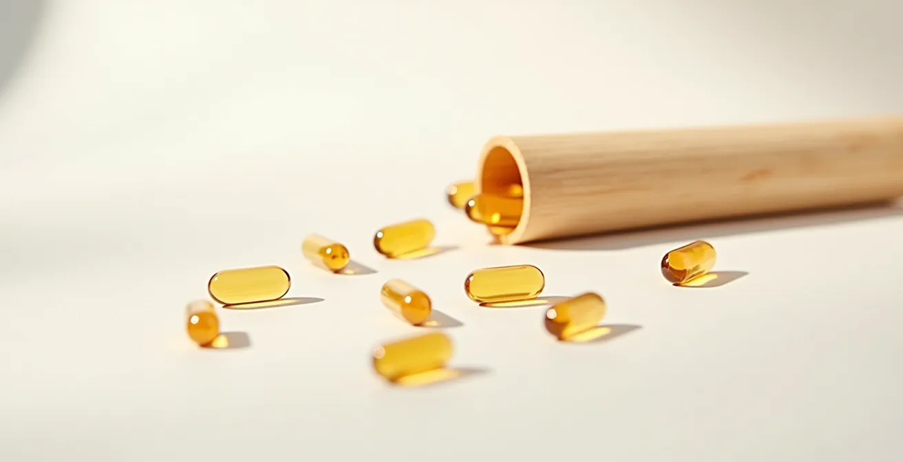 Composizione minimalista con capsule naturali e elementi organici