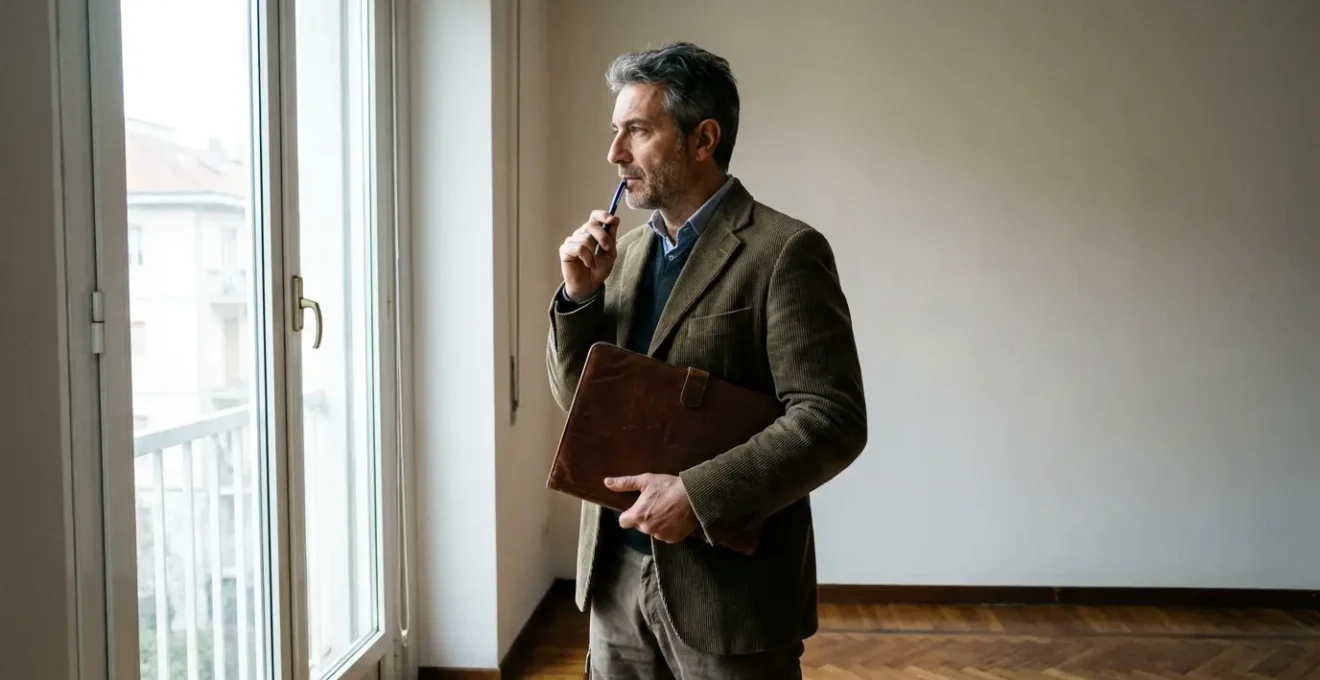 Geometra ispeziona appartamento vuoto per perizia immobiliare