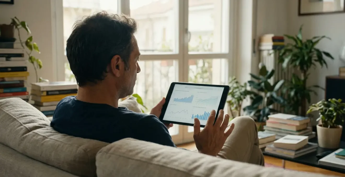 Uomo consulta tablet con dati valutazione immobiliare online