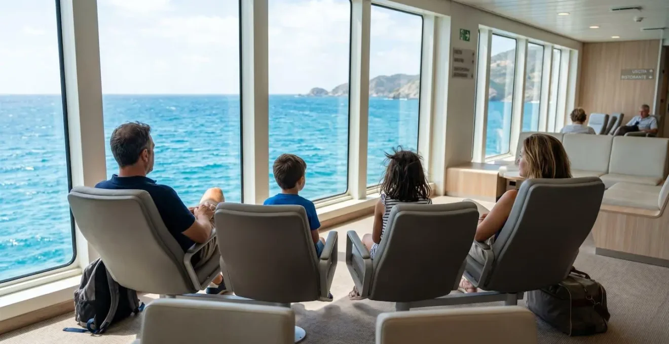 Famiglia con due bambini seduta su poltrone moderne di un traghetto, vista di spalle mentre guardano il mare attraverso grandi finestroni