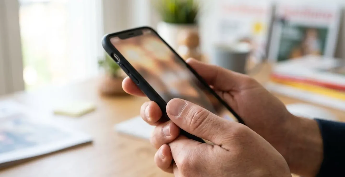 Primo piano di mani adulte che tengono uno smartphone con schermata applicazione di prenotazione traghetti completamente sfocata, su sfondo scrivania moderna