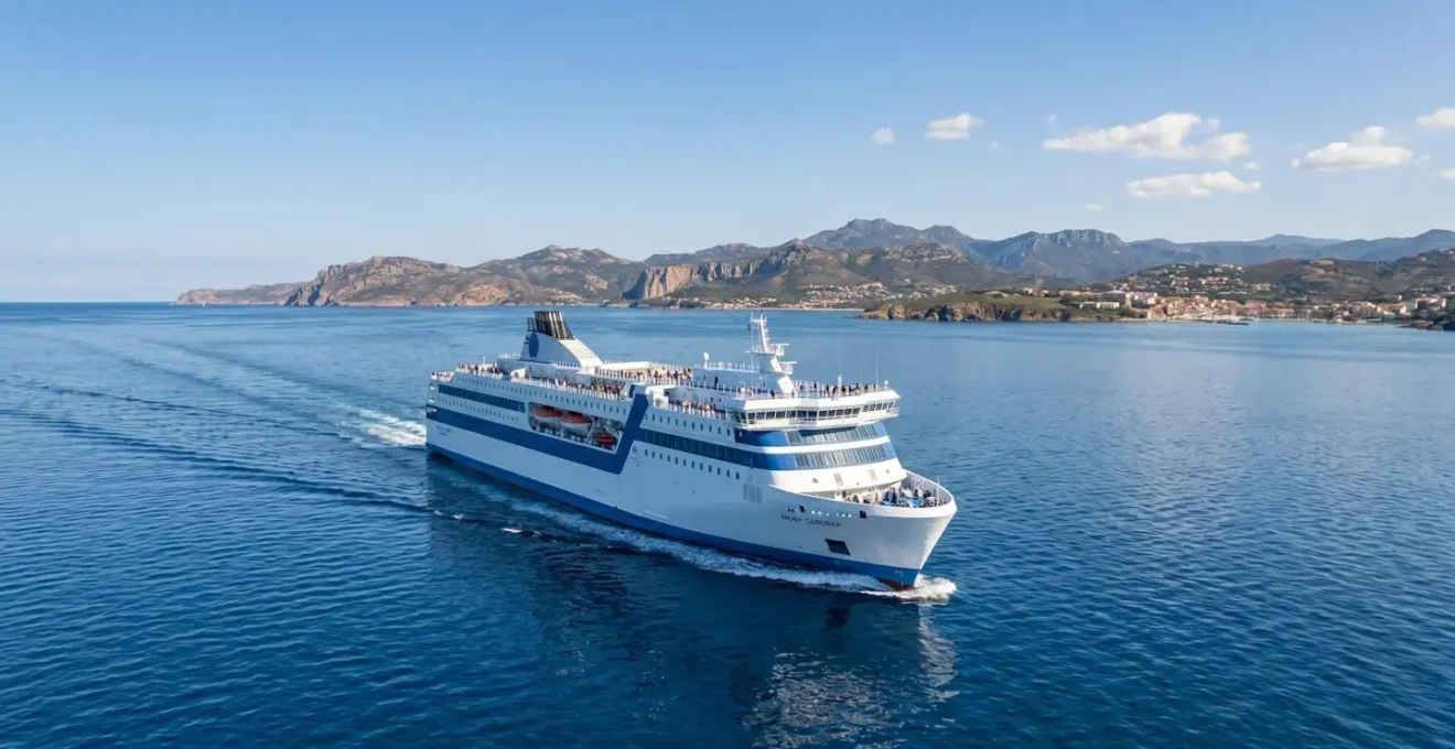 Traghetto moderno in navigazione sul Mar Mediterraneo con costa sarda visibile all'orizzonte sotto un cielo sereno